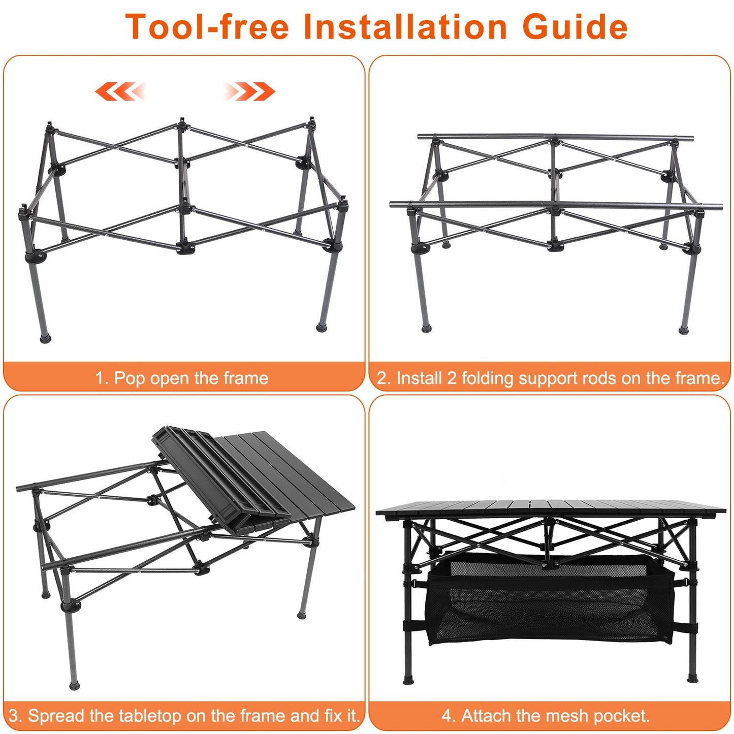 Folding Camping Table Installation Guide: Easy, tool-free setup with aluminum frame, roll-up tabletop, and mesh basket for outdoor use