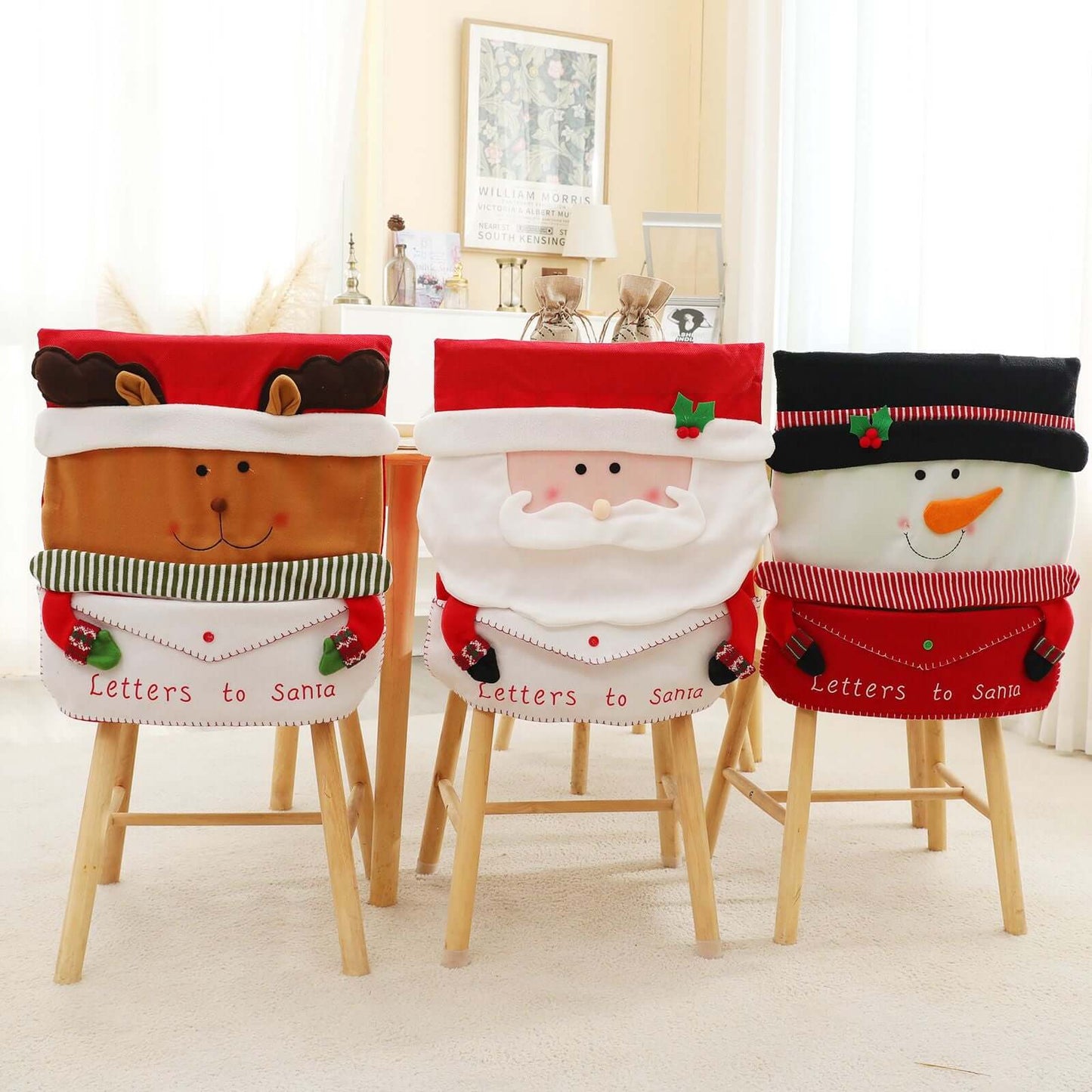 Christmas Snowman Chair Cover with festive envelope-style design for holiday decor on wooden chairs.