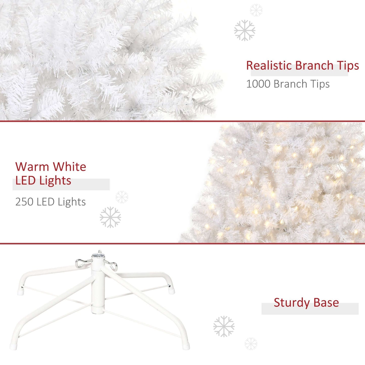 White Christmas Tree features realistic branch tips, 250 warm white LED lights, and sturdy base for festive holiday décor.