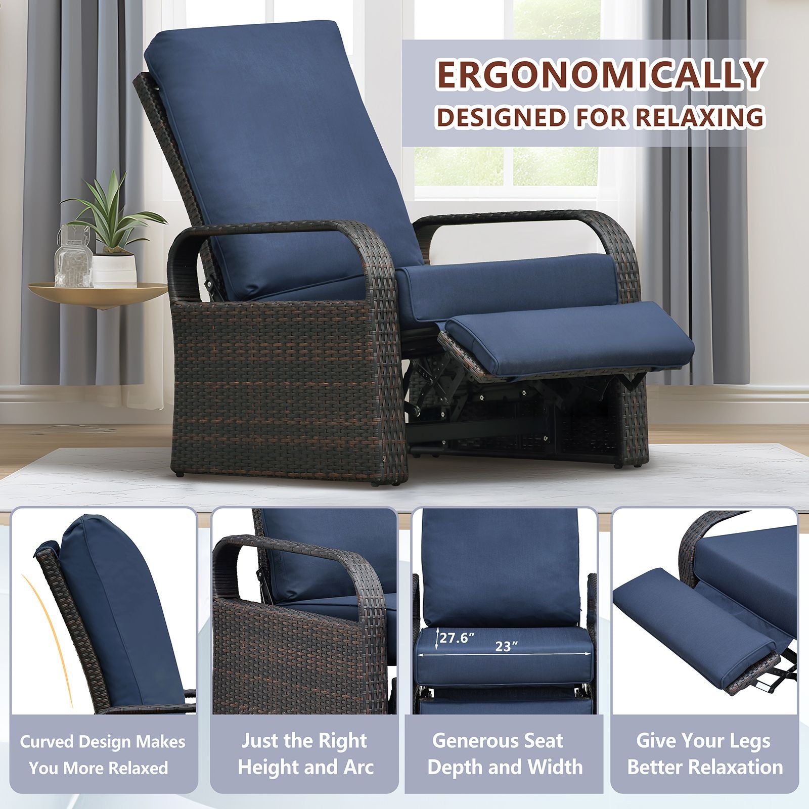 Adjustable Wicker Recliner Chair with ergonomic design for ultimate outdoor relaxation and comfort, shown in blue cushions.