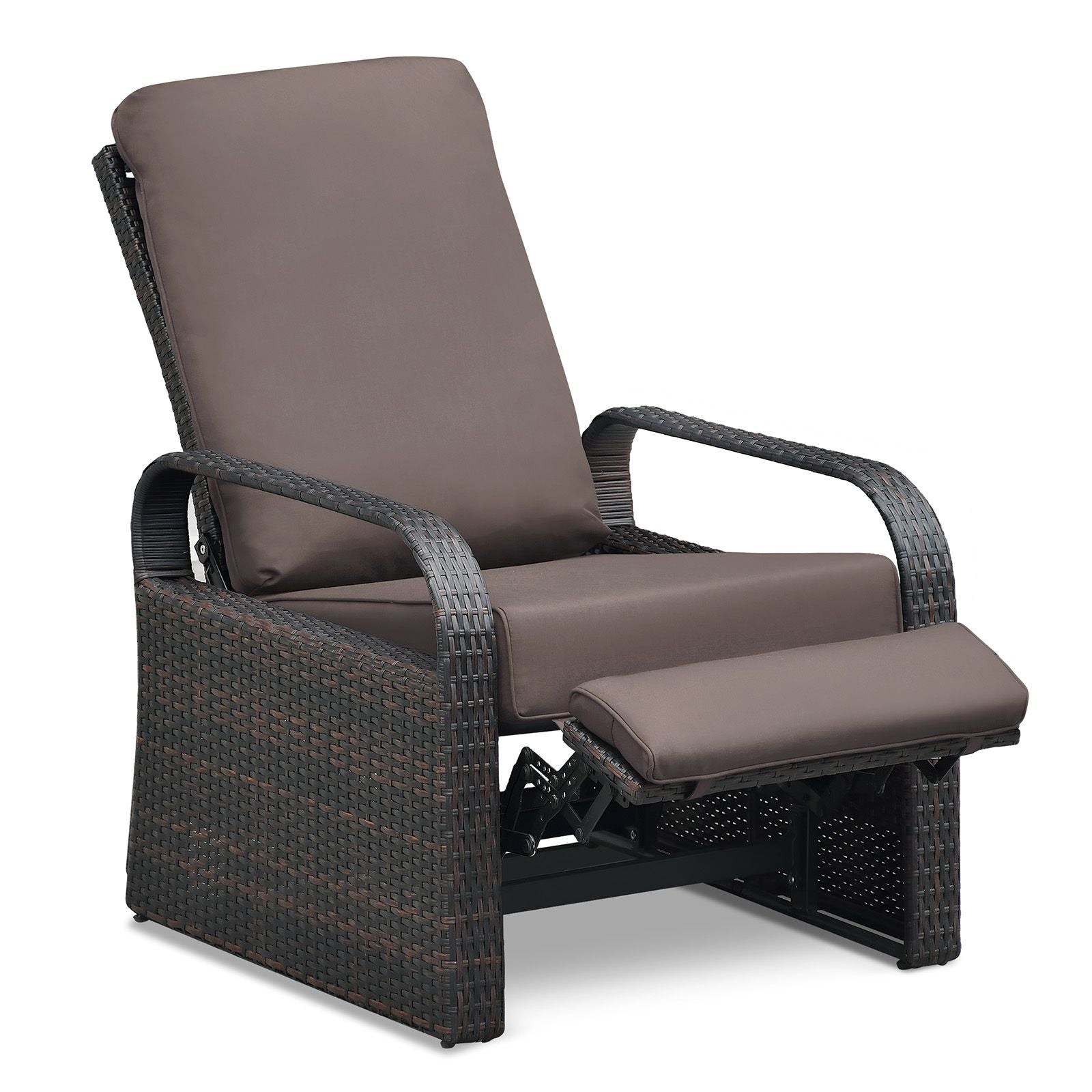 Adjustable Wicker Recliner Chair with brown cushions, featuring a sleek design for outdoor relaxation on patios and decks.