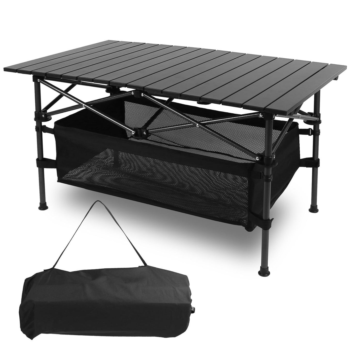 Portable folding camping table with aluminum roll-up design, storage basket, and carrying bag for BBQ and outdoor events.