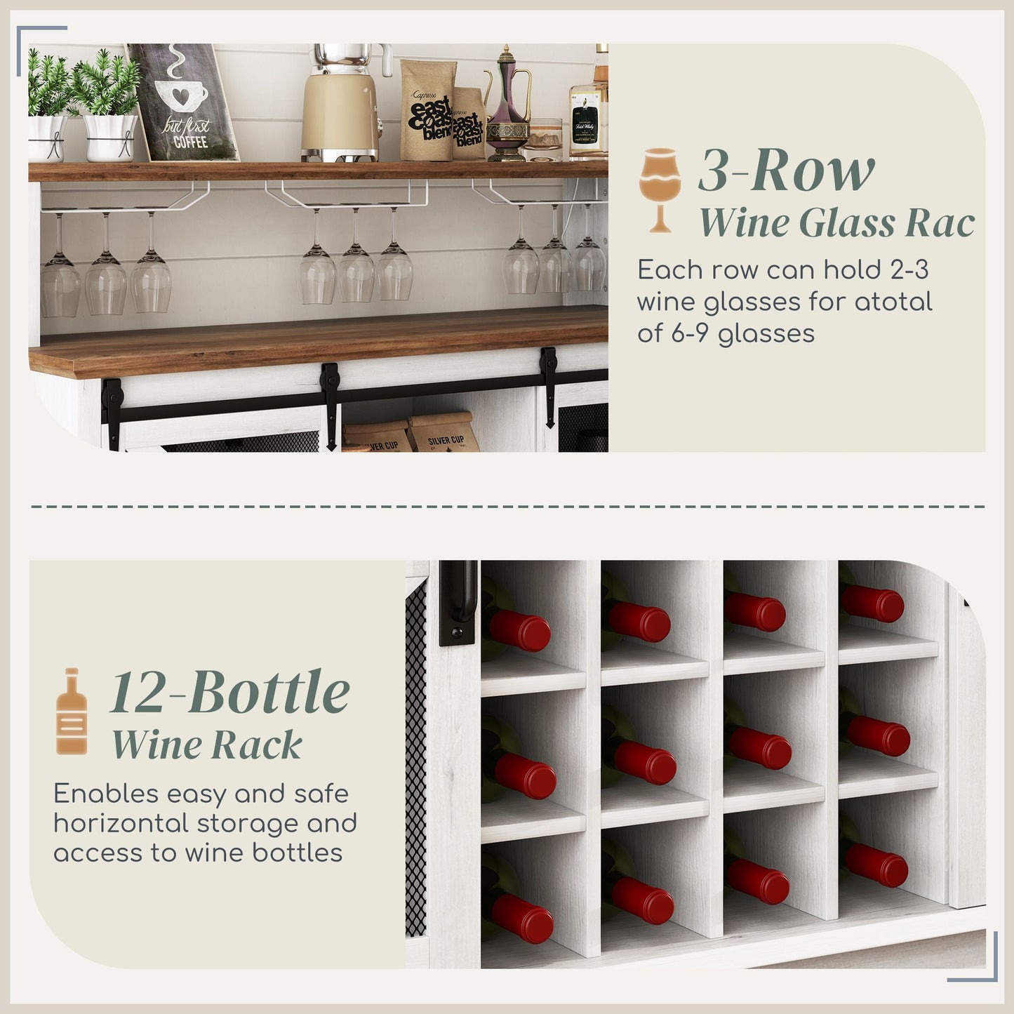 Interior of HOMCOM Coffee Bar Cabinet showing 3-row wine glass rack and 12-bottle wine rack for kitchen or dining room storage.