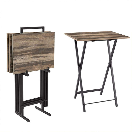 5 Piece Folding TV Tray Table Set with industrial charm, X-shaped base, foldable design, perfect as sofa side, snack, or end table.