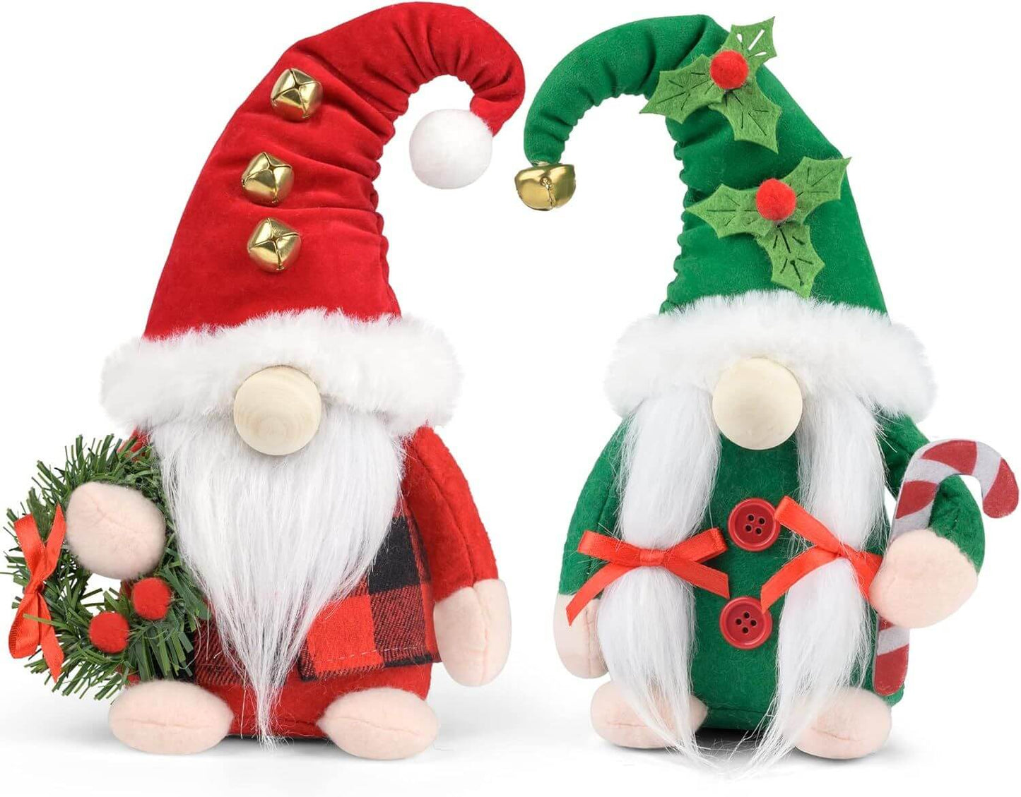 Christmas Gnomes Plush - 2 Pack Handmade Swedish Gnome Figurines in festive red and green outfits.