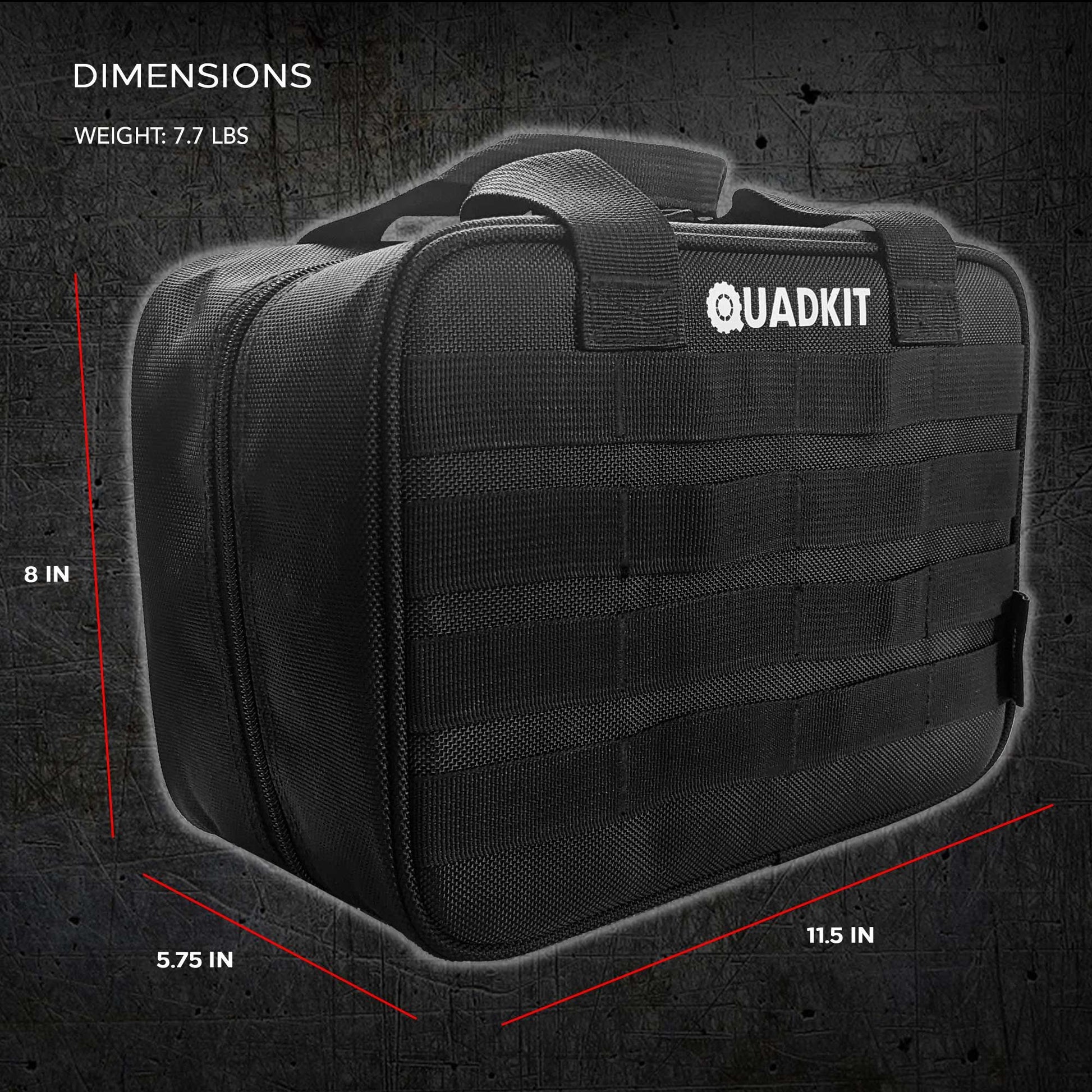 ATV Emergency Kit Off-Road showing QUADKIT design with dimensions 11.5 x 8 x 5.75 inches and weight 7.7 lbs