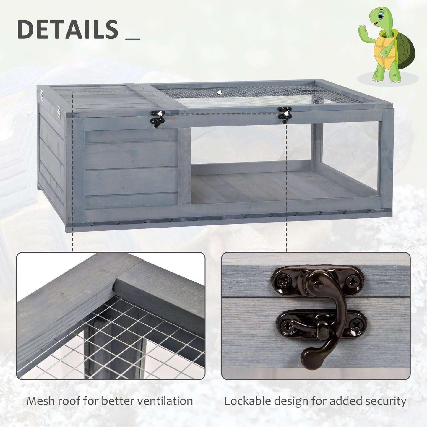 PawHut Wooden Tortoise House Indoor Turtle Habitat Enclosure Outdoor Reptile Cage Gray with mesh roof and lockable design details