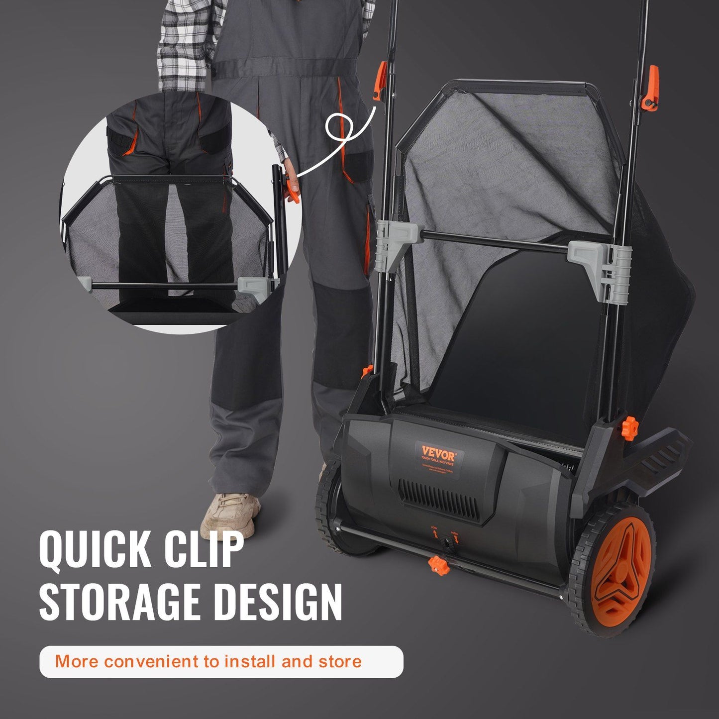 VEVOR Push Lawn Sweeper with quick clip storage design, thickened steel frame, rubber wheels, and adjustable height for efficient lawn care.