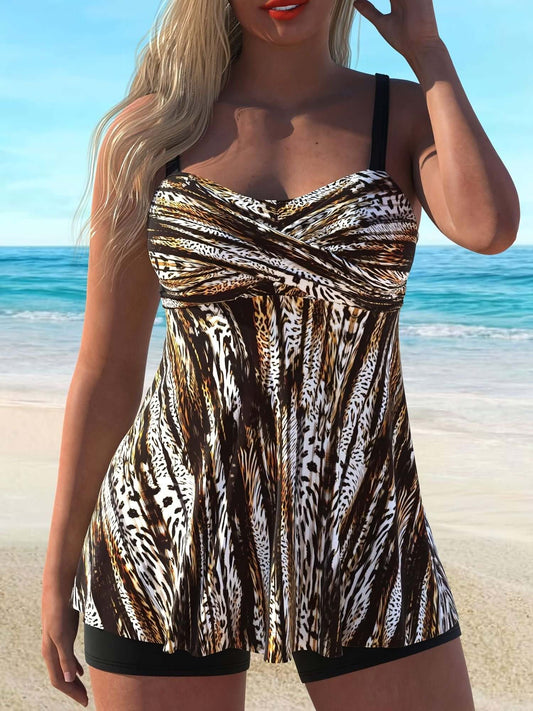 Alt Tag: Women's large size casual tankini swimsuit with unique patterns by The Tabby Spot, perfect for beach. Quick-dry knit fabric.