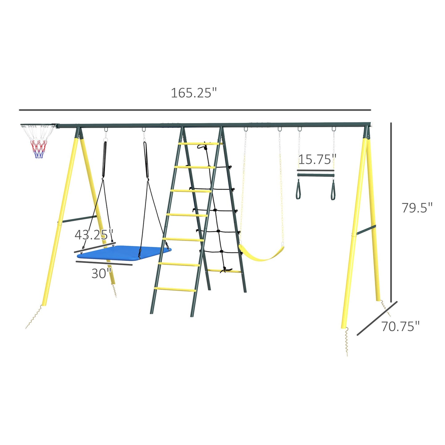 Outsunny 5-in-1 yellow metal swing set with nest swing, gym rings, climbing net, and basketball hoop for kids outdoor play, 440lbs capacity.
