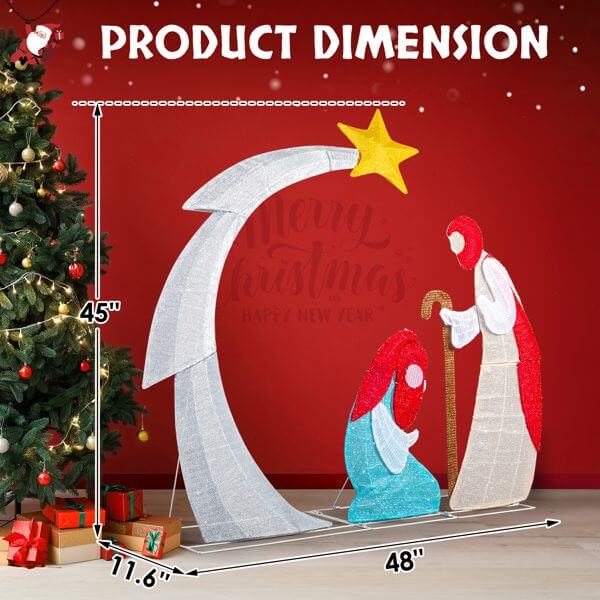 VINGLI Lighted 2D Nativity Scene with 170 LED lights, 3.7FT, outdoor Christmas decoration showing Mary, Joseph, and a star