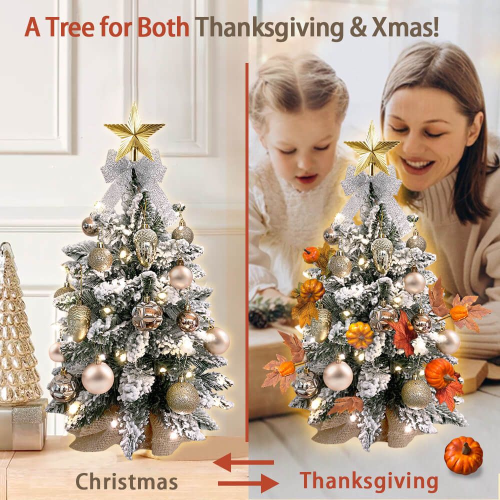 2ft Tabletop Christmas Tree with flocked snow and ornaments, perfect for Thanksgiving and Xmas home decor, featuring two festive styles.