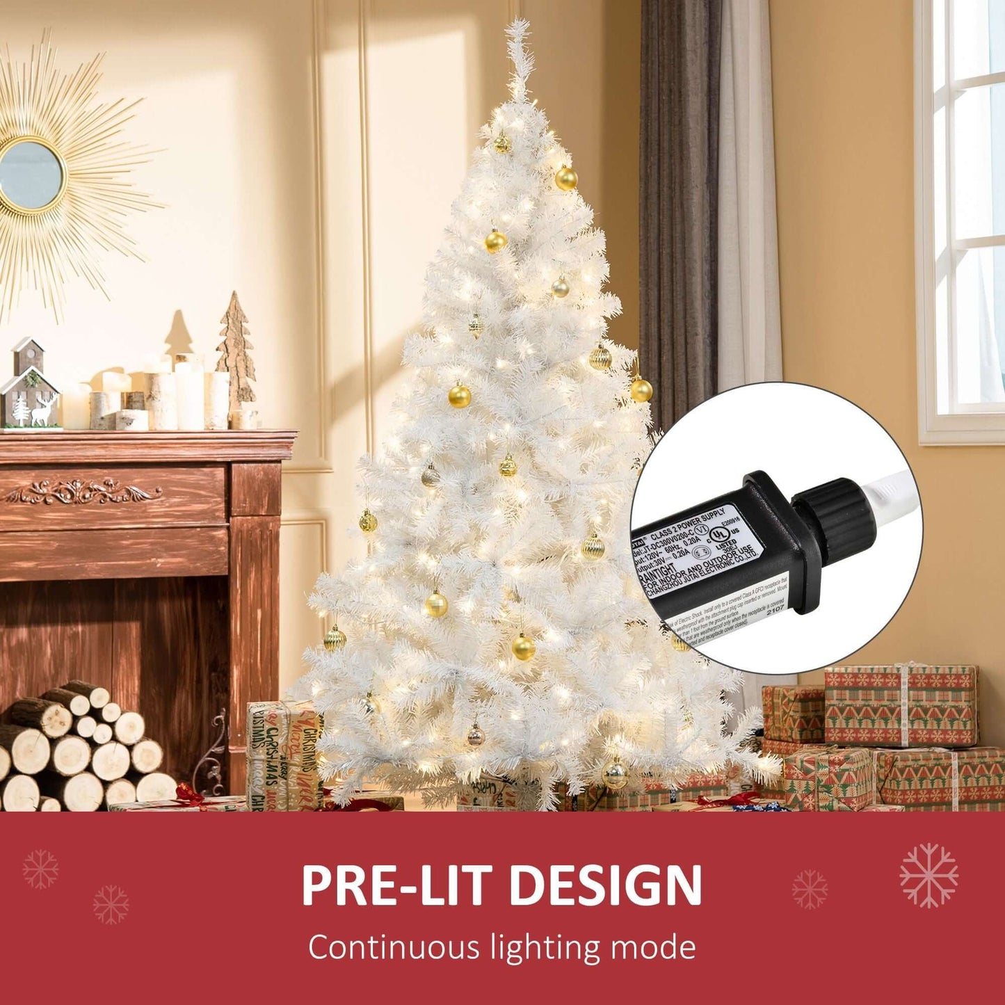 White Christmas Tree with pre-lit 250 warm white LED lights, standing 6ft tall, enhancing festive home decor with a continuous lighting mode.