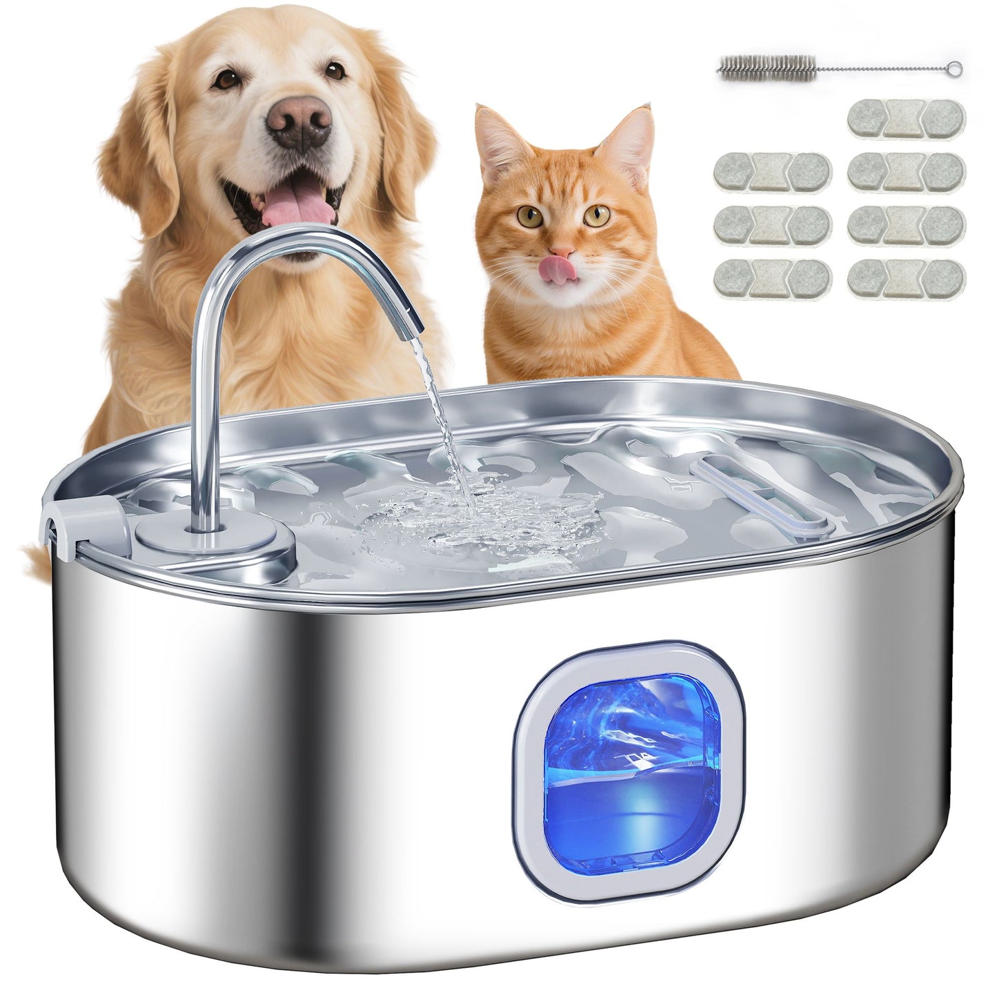 PawHut stainless steel cat water fountain with filters, ultra-quiet pump, LED light, suitable for cats, dogs, and multi-pet homes.