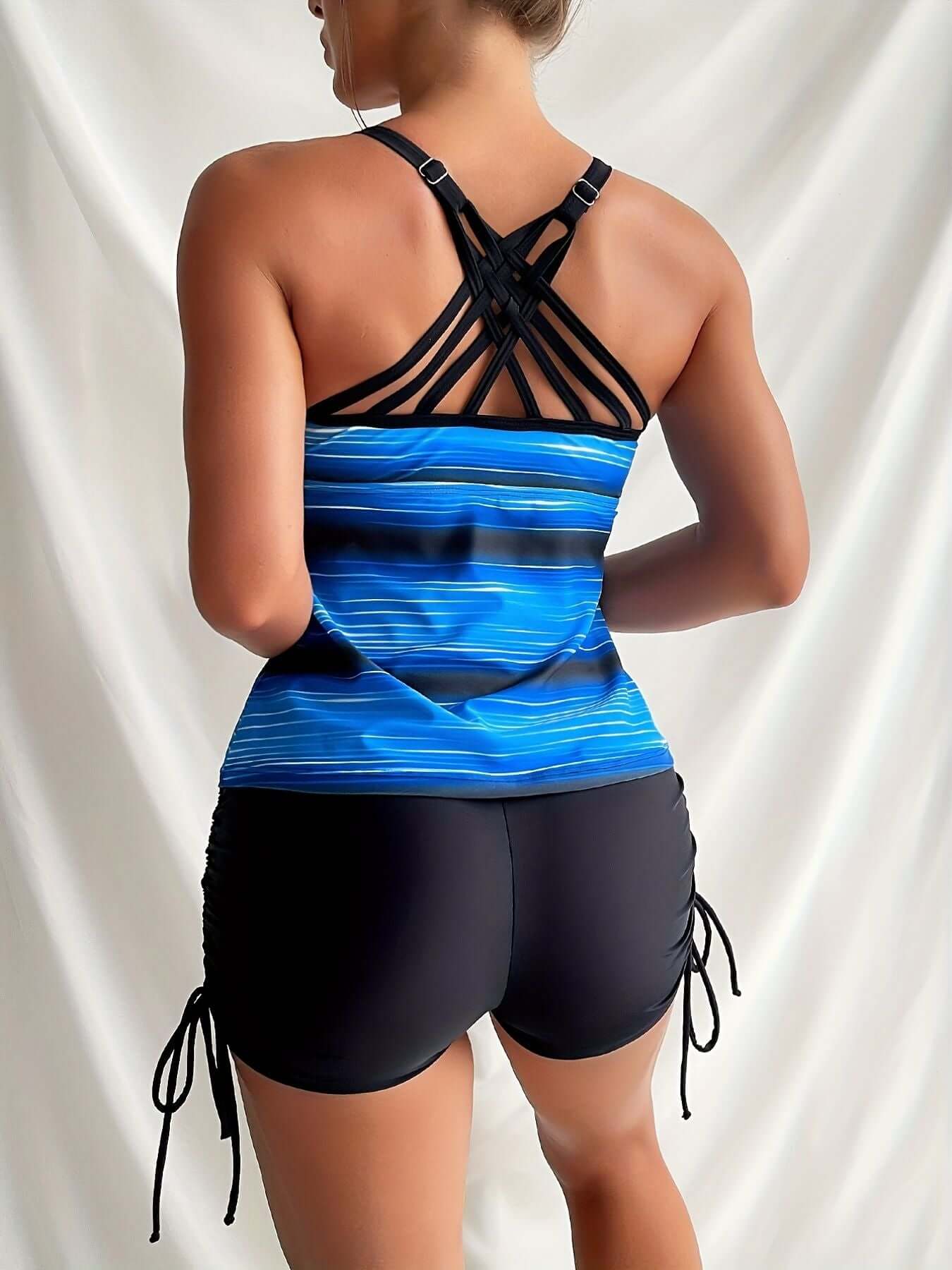 Striped Print Round Neck Tankini Set with Criss Cross Straps and Boxer Shorts, Women's Swimwear by The Tabby Spot.