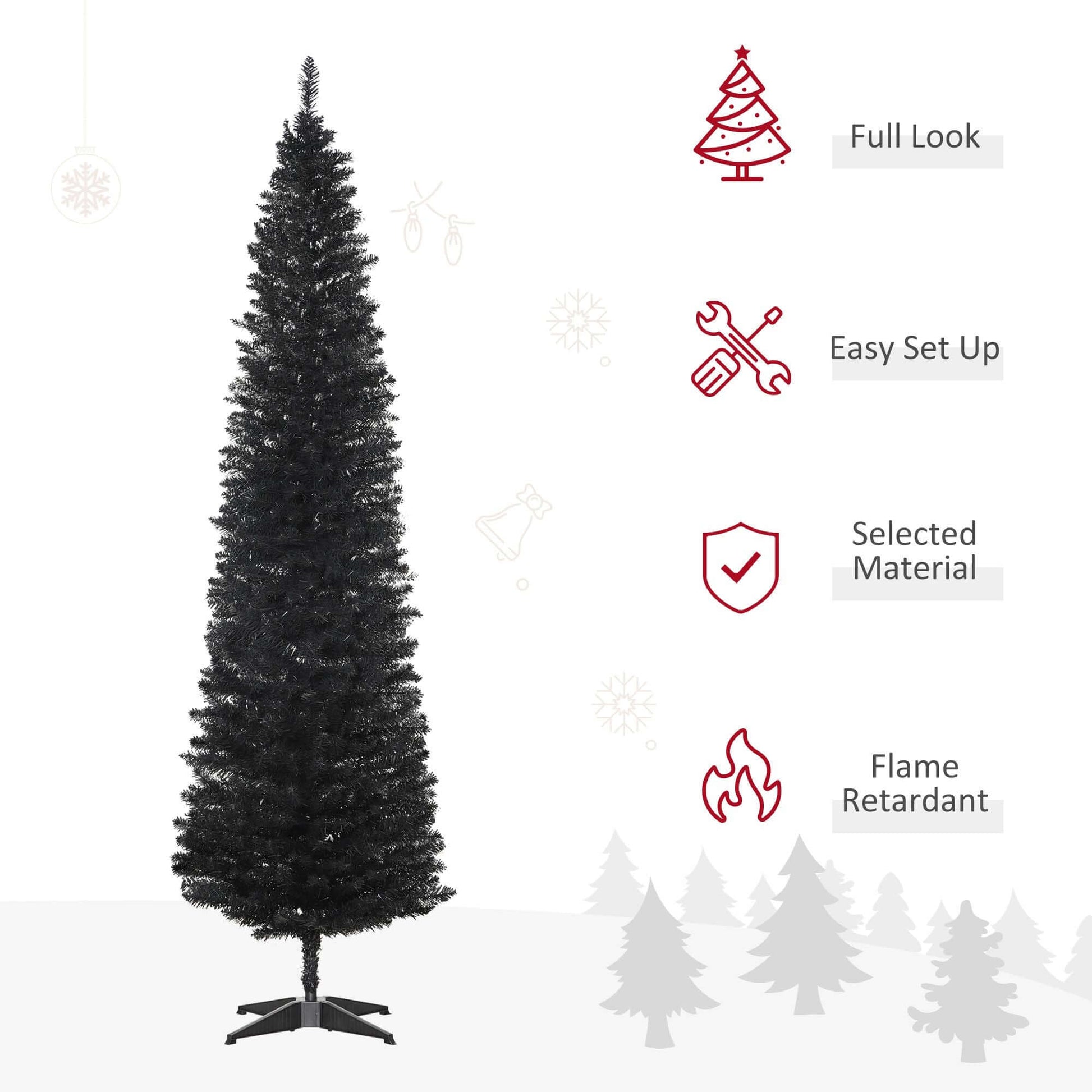 7ft Artificial Pencil Slim Christmas Tree with 499 tips, black, easy setup, flame retardant, perfect for small spaces.