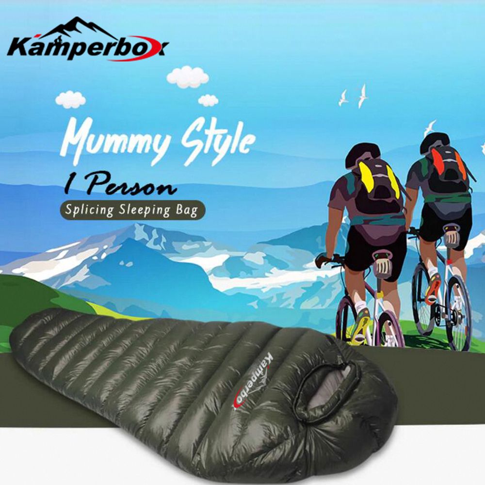 Kamperbox outdoor camping down sleeping bag, waterproof, lightweight, grey duck down insulation, ideal for winter and cold environments.