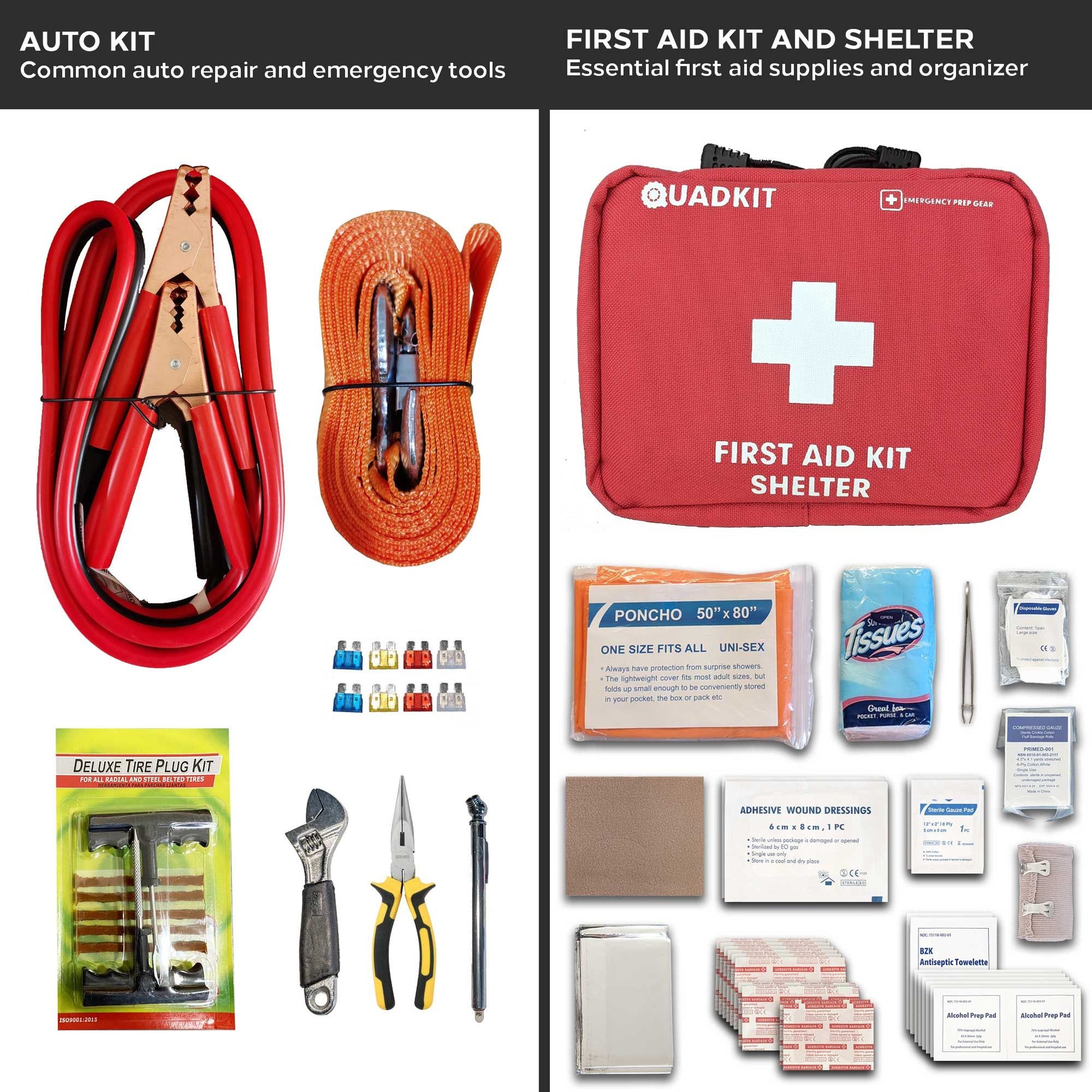 ATV Emergency Kit Off-Road with tools, jumper cables, first aid supplies, and shelter from QUADKIT for comprehensive off-road safety.