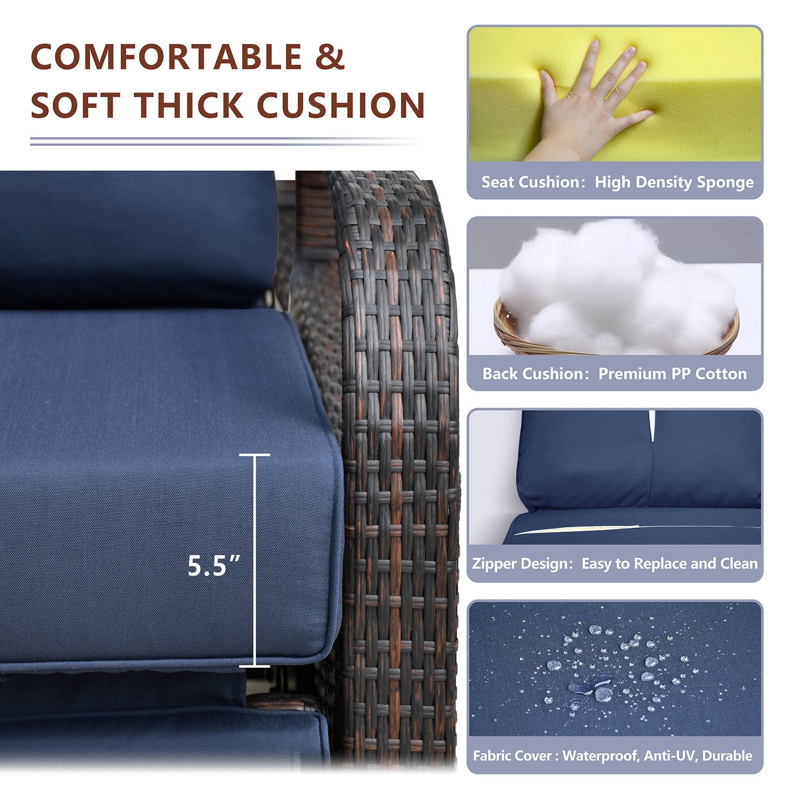 Adjustable Wicker Recliner Chair with soft thick cushion, high-density sponge, and durable design for outdoor comfort.