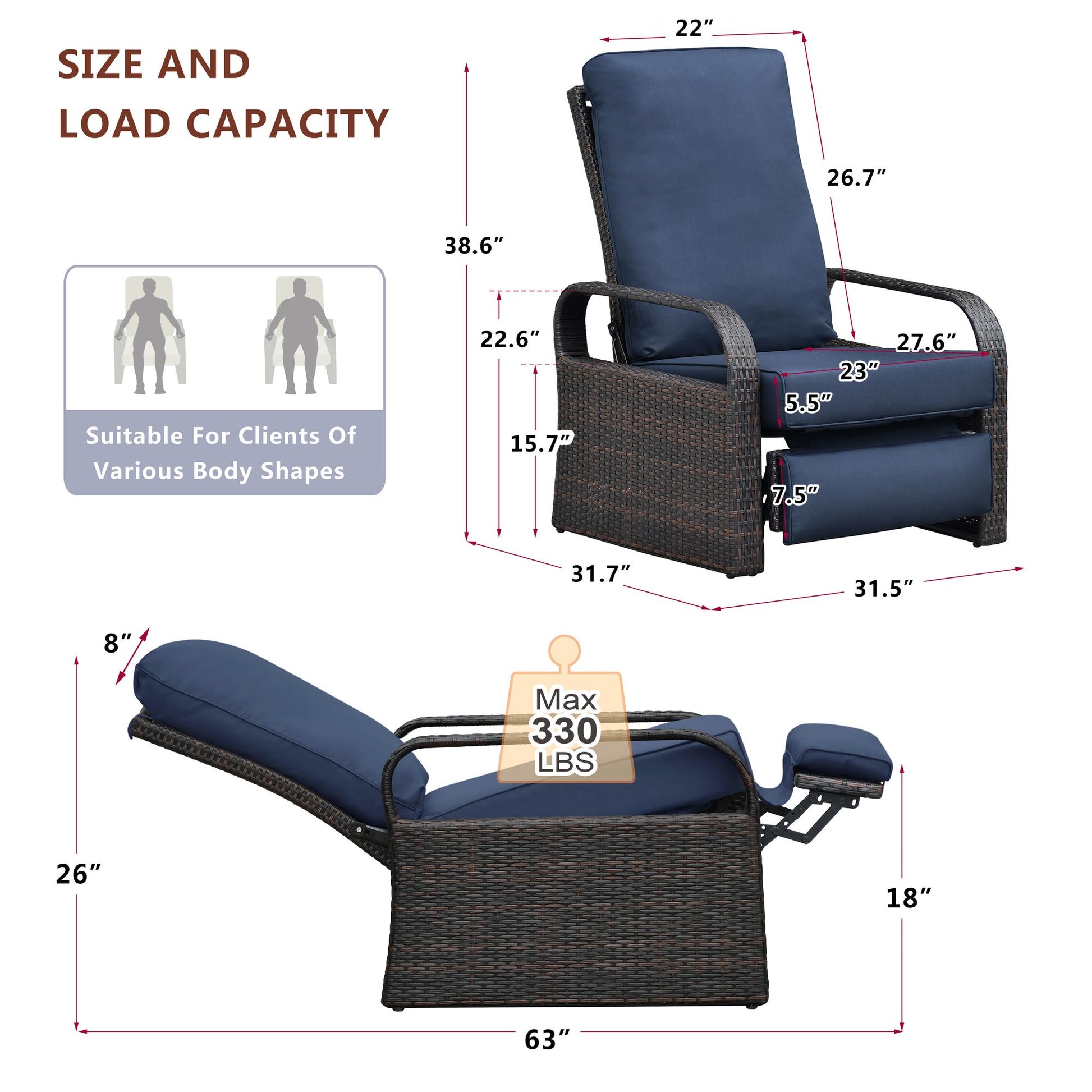 Adjustable Wicker Recliner Chair with dimensions and load capacity of 330 lbs, perfect for outdoor comfort and relaxation.
