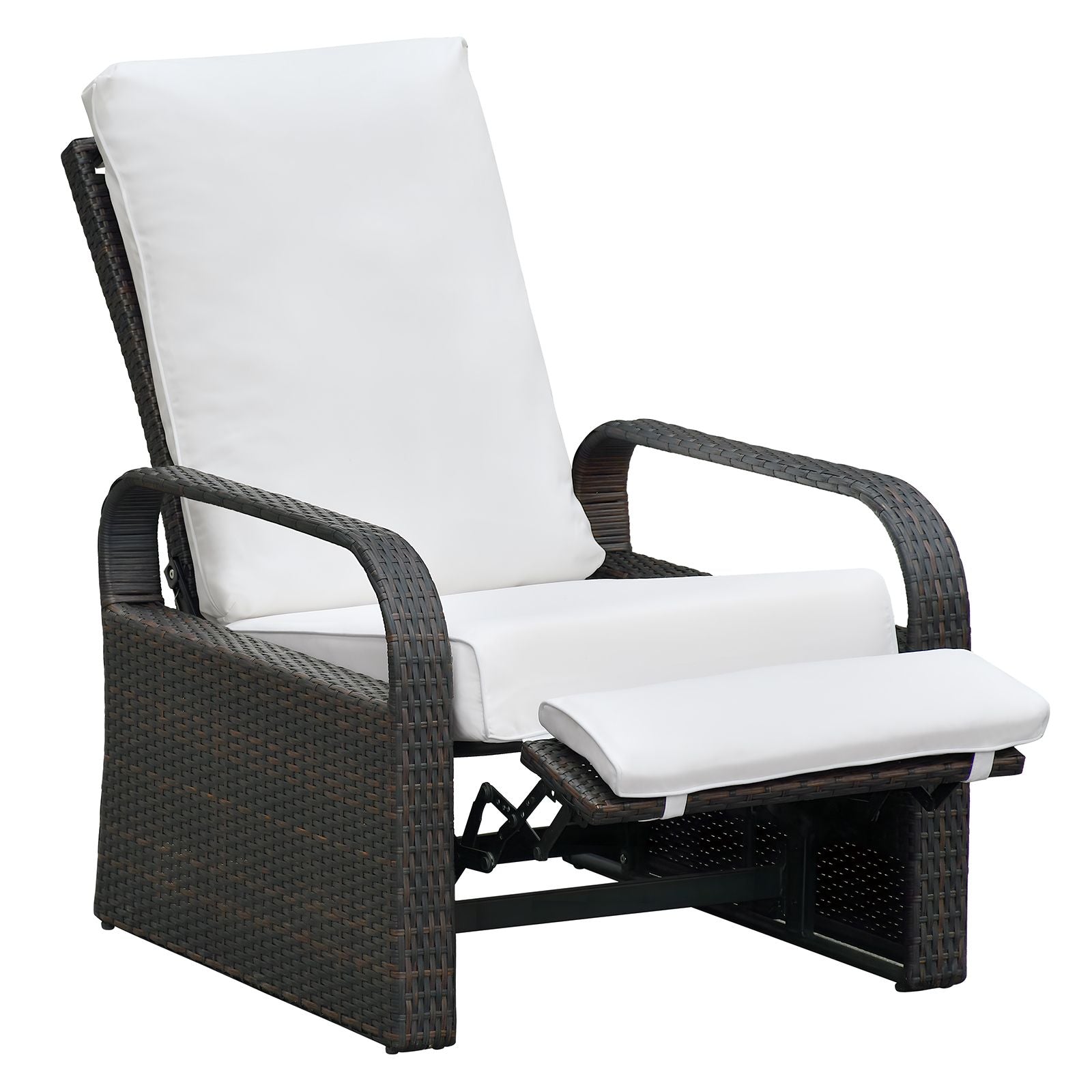 Adjustable Wicker Recliner Chair with white cushion for outdoor relaxation