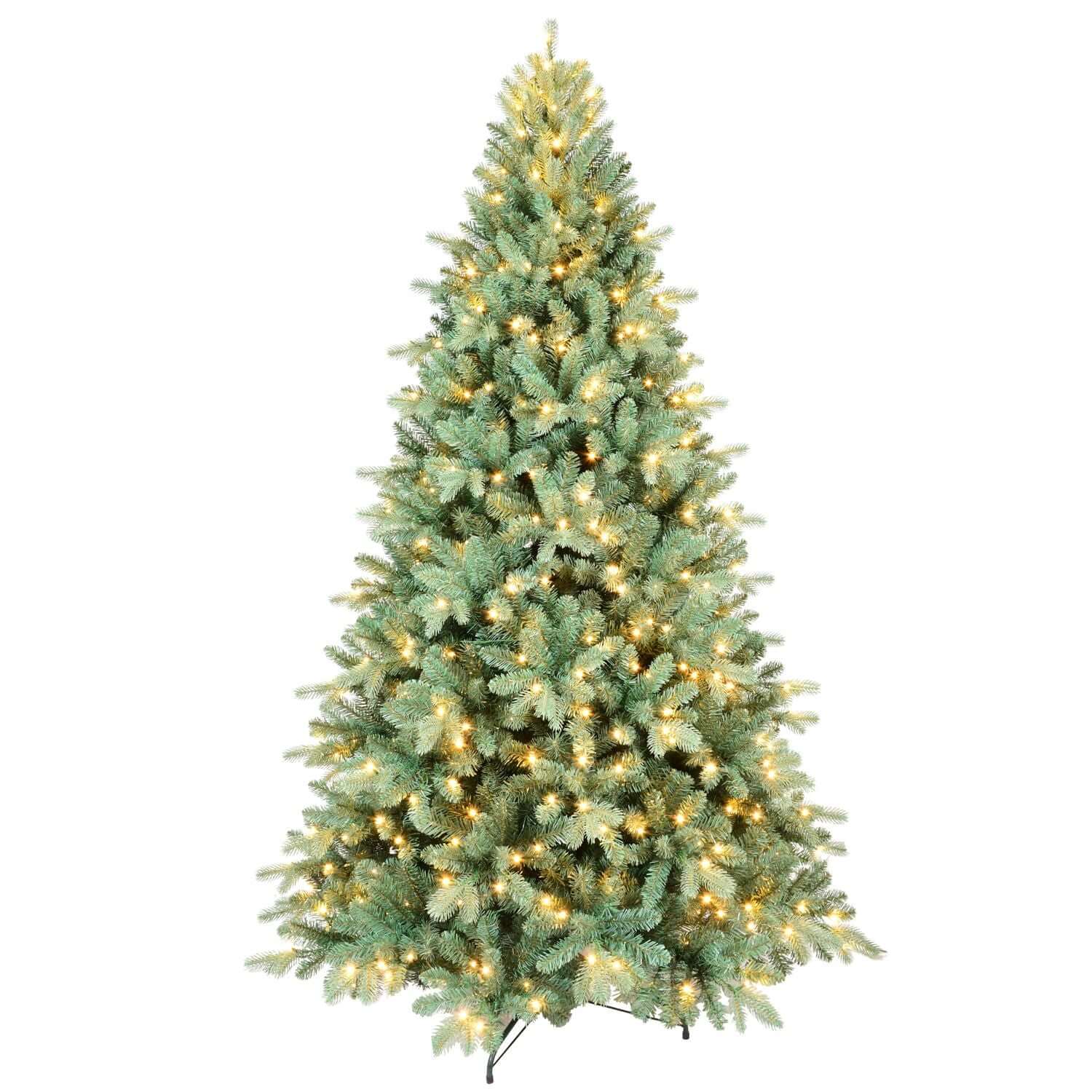 Blue Spruce Artificial Christmas Tree Prelit with 600 lights and hinged branches, perfect for indoor and outdoor holiday decor