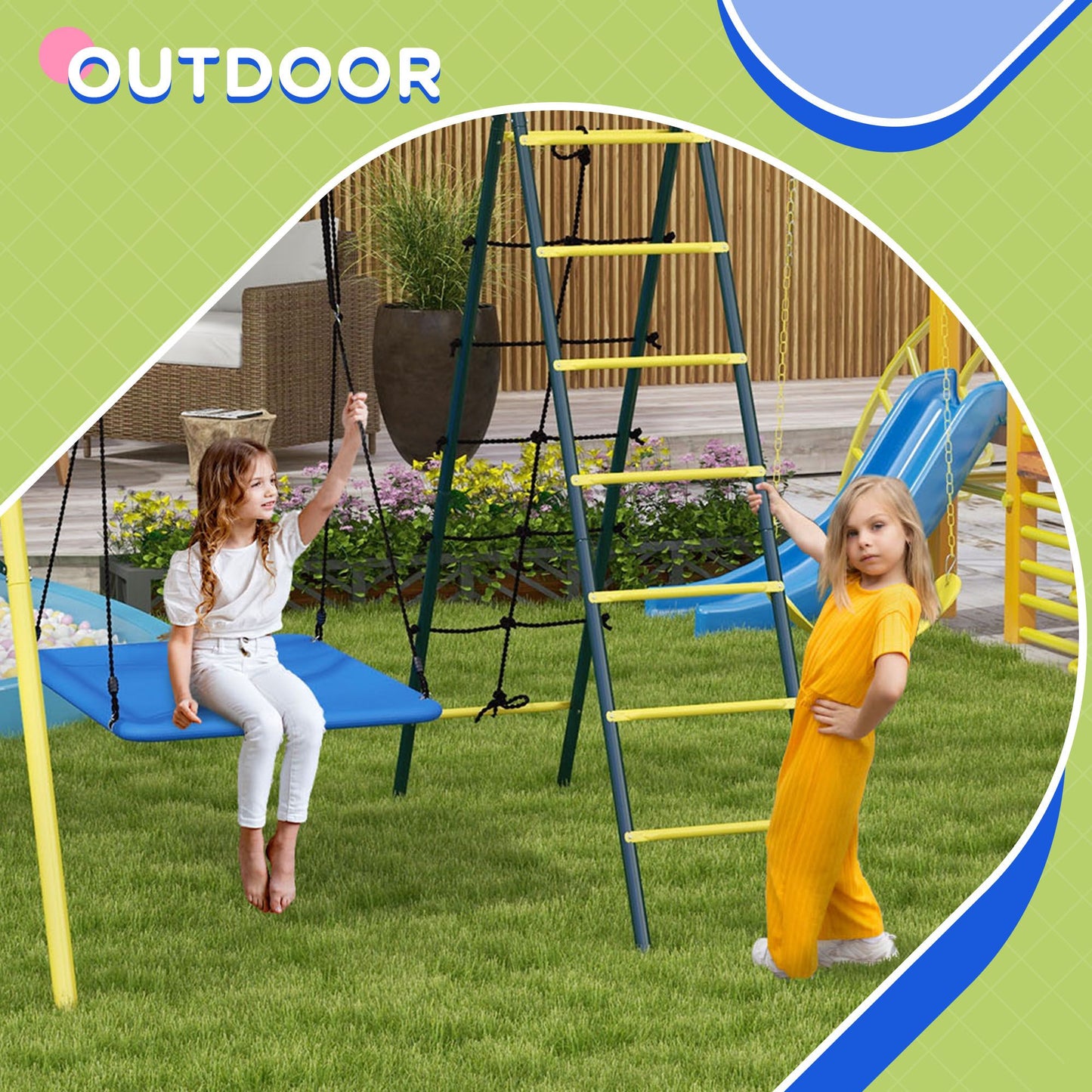 Alt Tag: Kids playing on Outsunny 5-in-1 Metal Swing Set with nest swing and climbing ladder, perfect for backyard fun, ages 3-8.