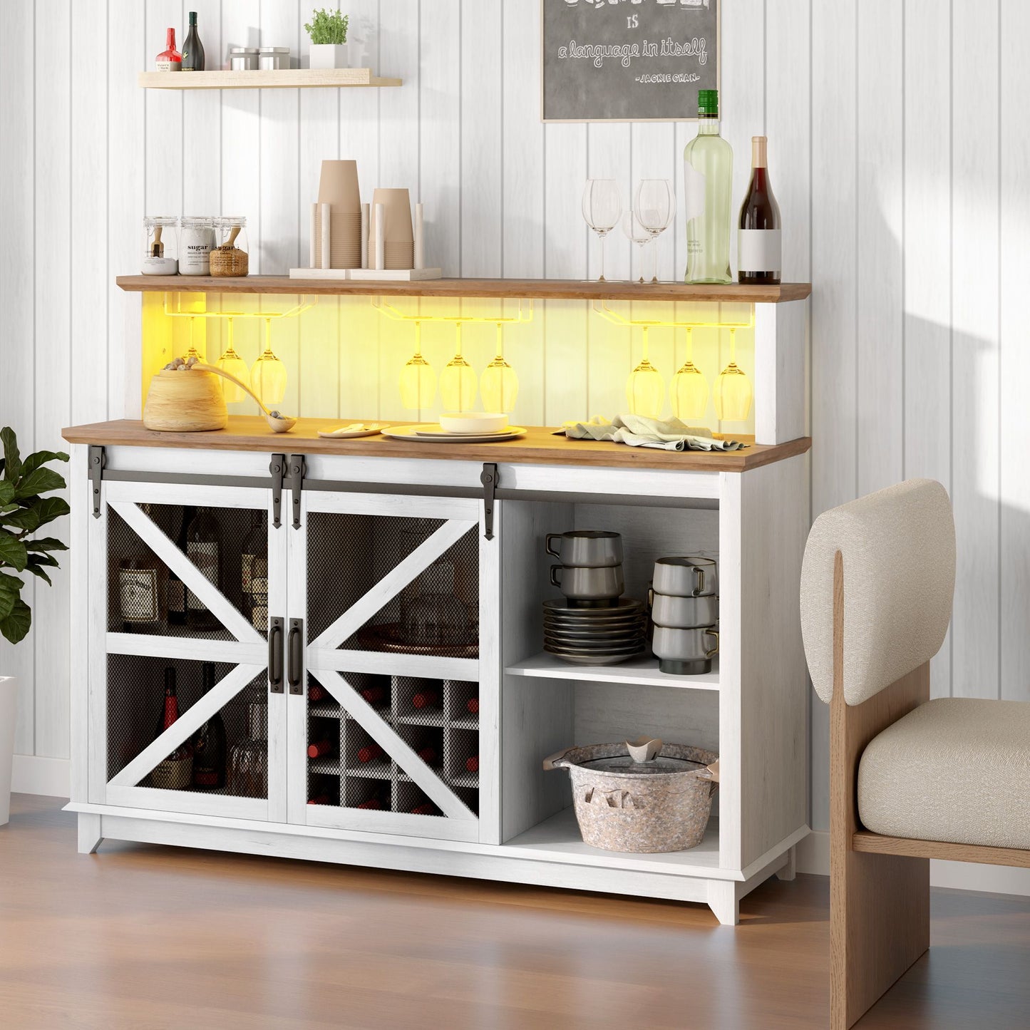 HOMCOM 55" farmhouse wine cabinet with lights, featuring a 12-bottle rack and glass holders, perfect for kitchen or dining room.