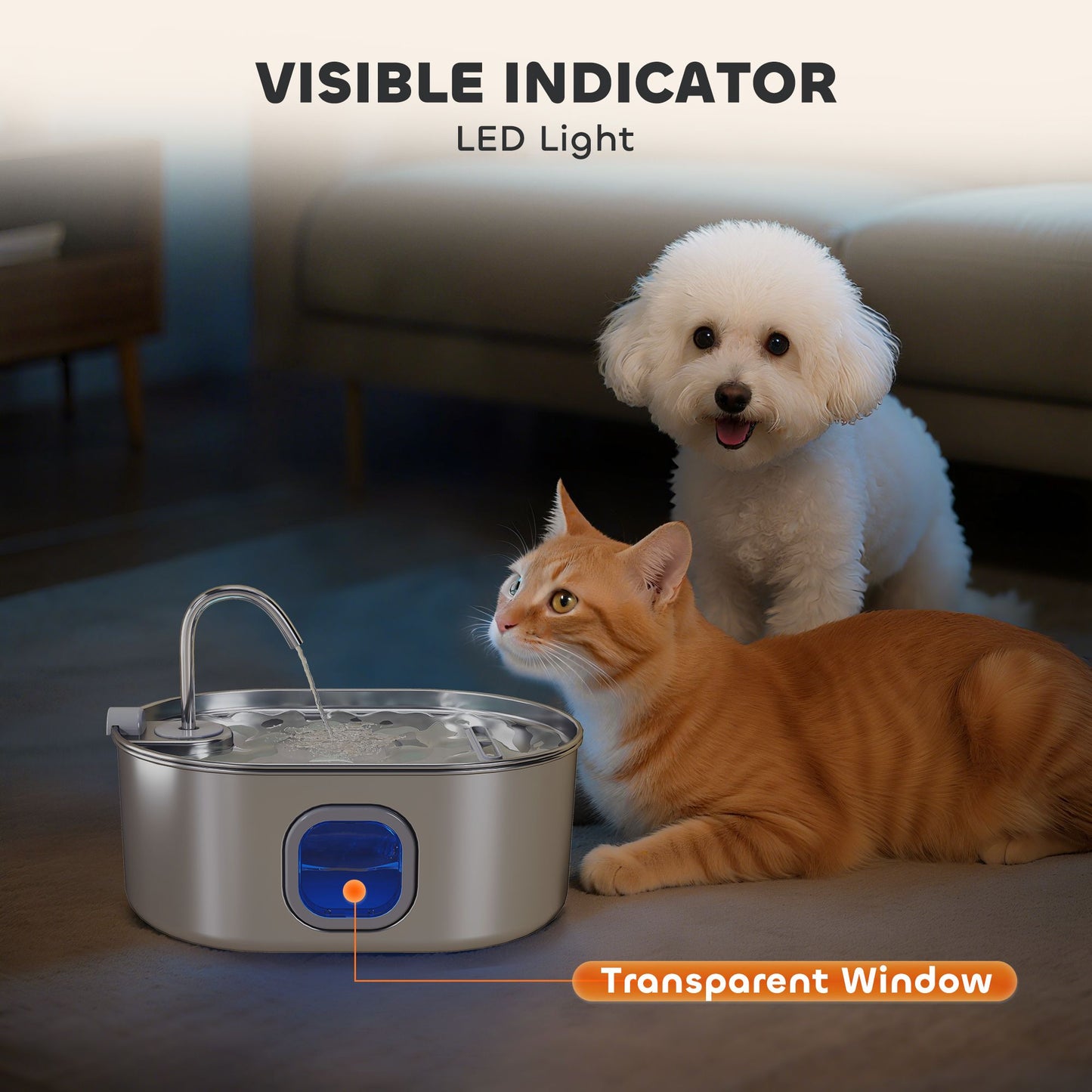 PawHut 246 oz./7L stainless steel cat water fountain with LED light and transparent window, ideal for multi-pet homes.