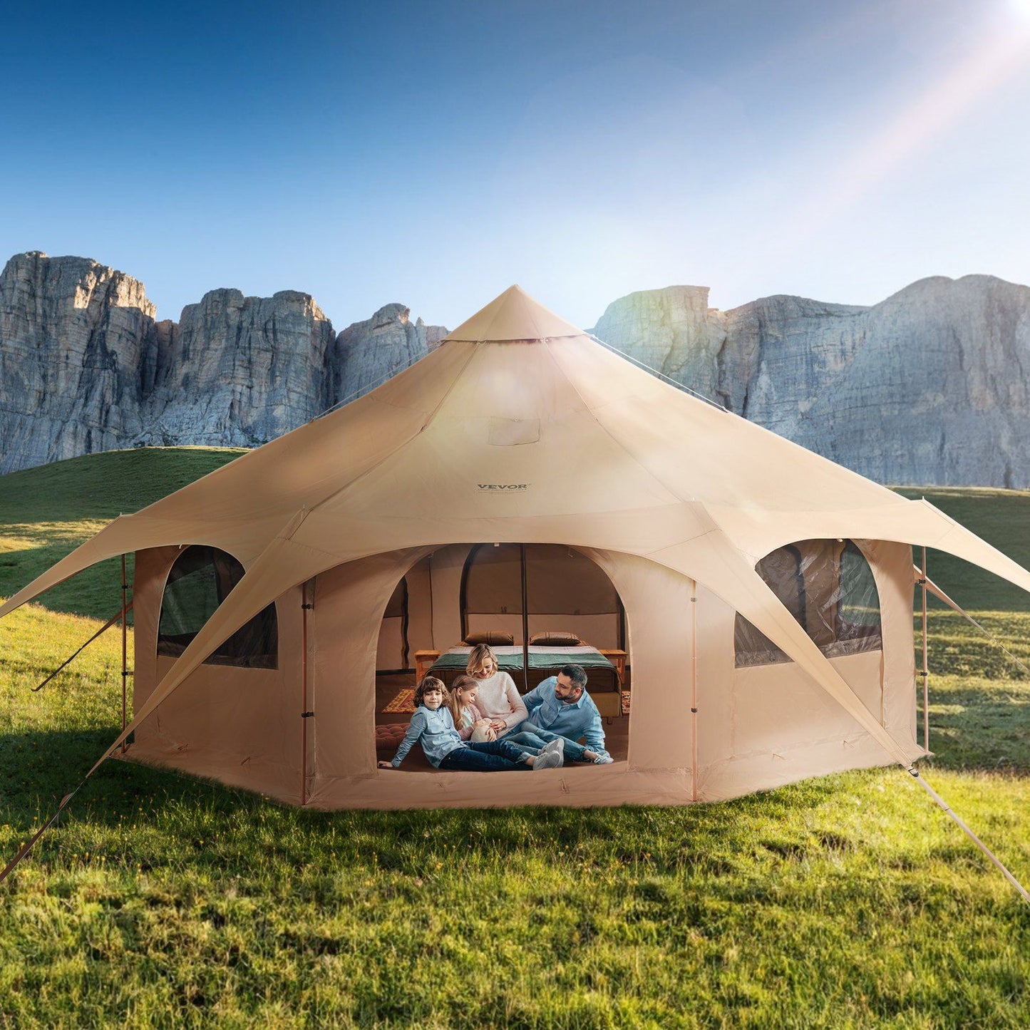 VEVOR 4-season 5m canvas bell tent with stove jack in scenic setting, perfect for family camping and outdoor adventure.