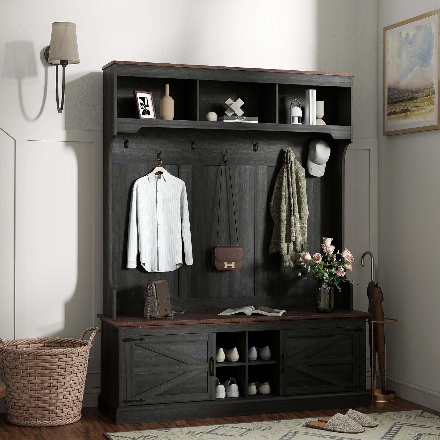 Black wood grain hall tree with shoe storage, coat rack, and bench. Perfect entryway furniture for farmhouse-style mudrooms.