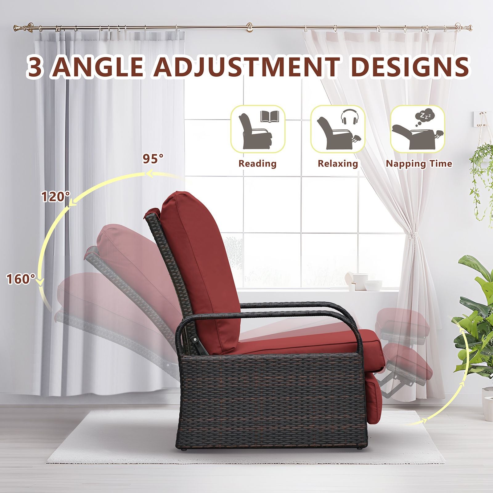 Adjustable Wicker Recliner Chair with 3 angle adjustment designs for reading, relaxing, and napping