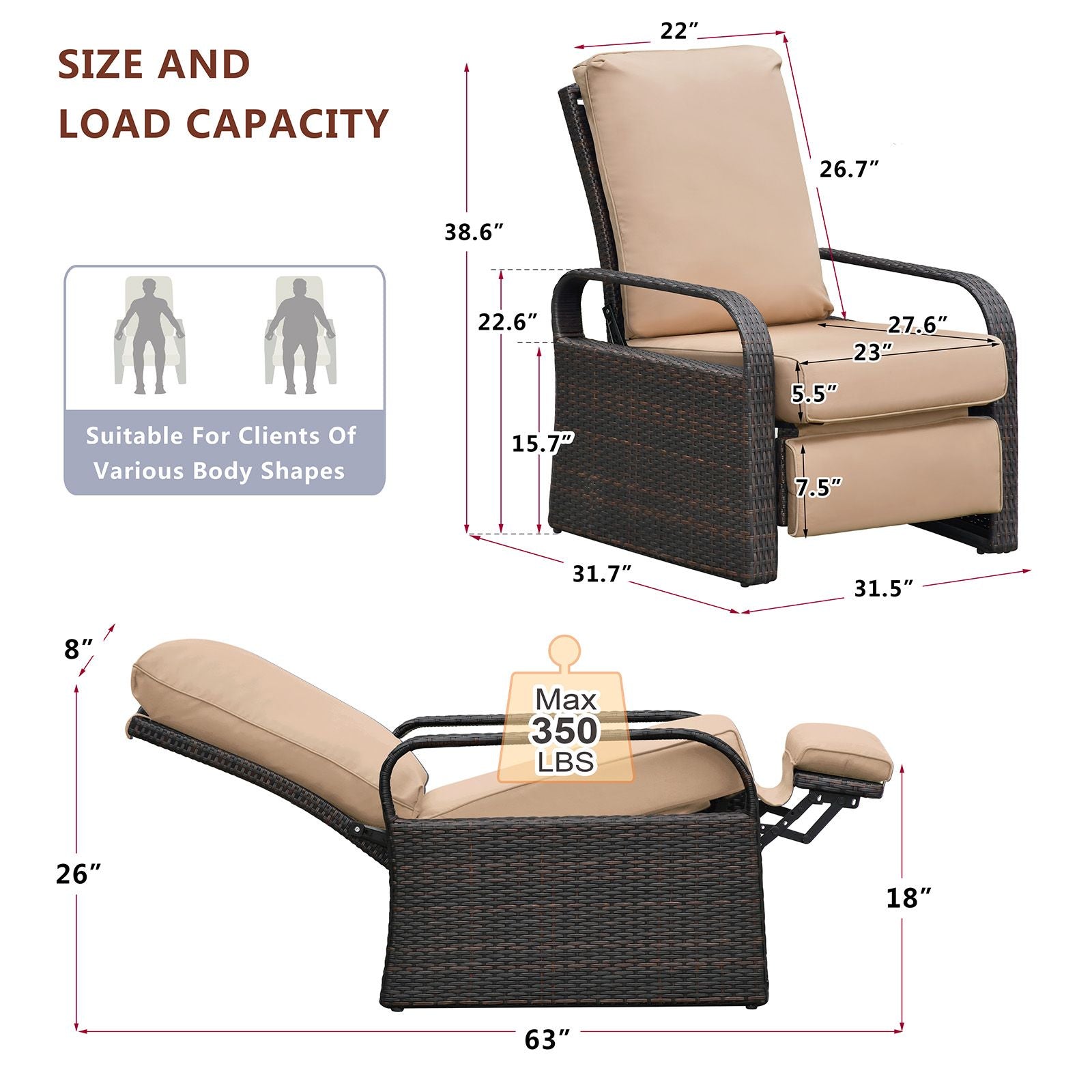 Adjustable Wicker Recliner Chair with ochre cushions, showcasing dimensions and load capacity of 350 lbs.