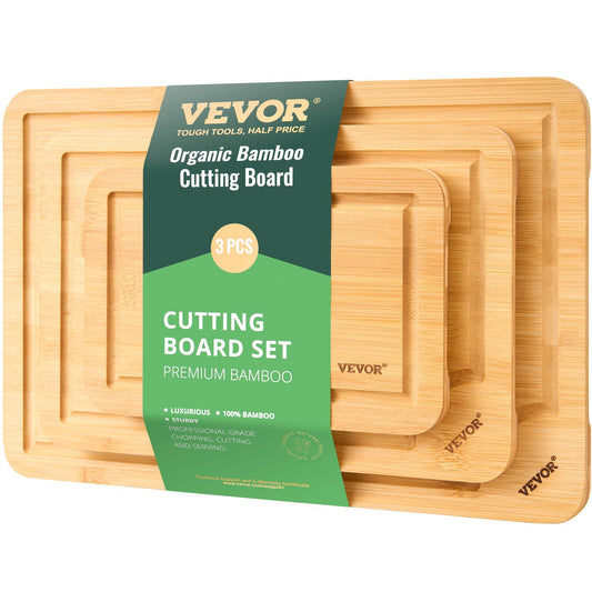 3-piece premium bamboo cutting board set with built-in handle, includes sizes for meat, vegetables, and fruit; ideal for versatile use.