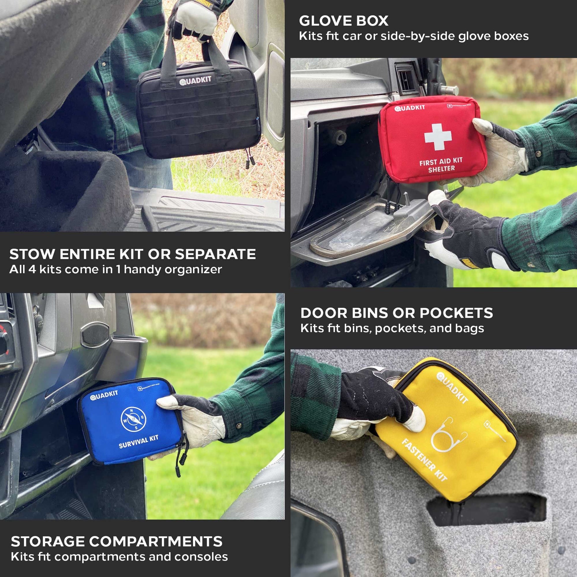 ATV Emergency Kit Off-Road in various storage solutions: glove box, door bins, and storage compartments for organized travel.
