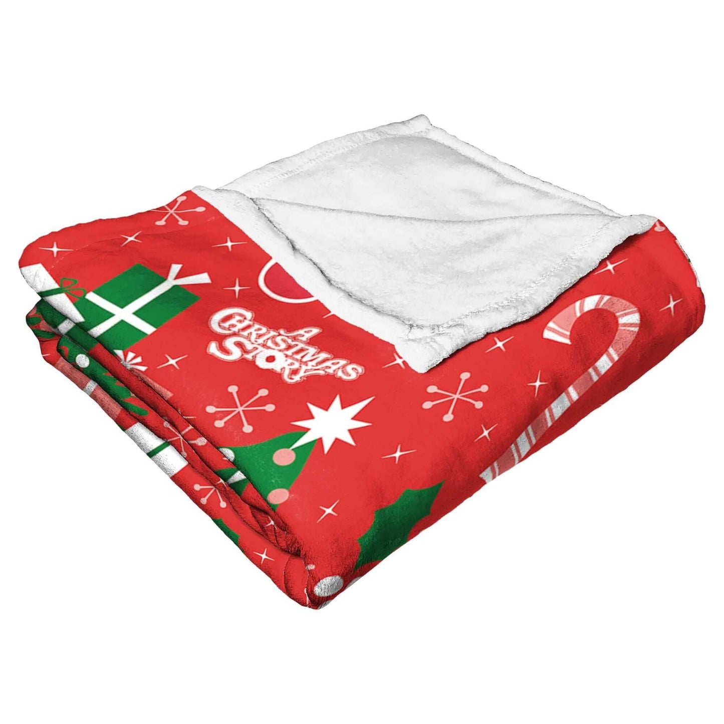 A Christmas Story Silk Touch Throw Blanket 50x60 with holiday-themed design featuring snowflakes, candy canes, and presents.