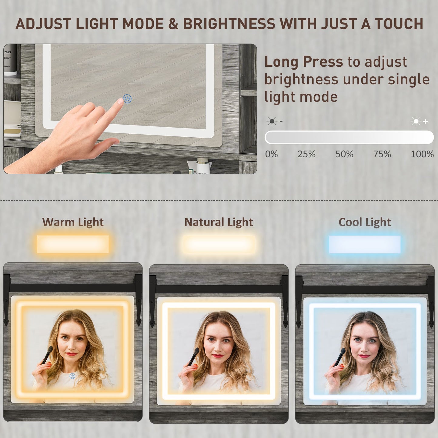 HOMCOM Vanity Desk LED mirror with adjustable warm, natural, cool light settings. Enhance makeup routine with touch control brightness.