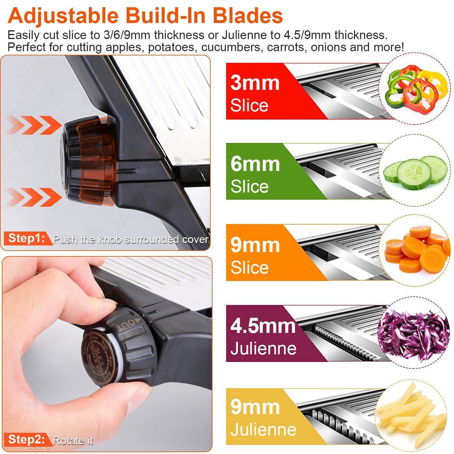 Mandoline Food Slicer with adjustable built-in blades for 3/6/9mm slices and 4.5/9mm Julienne cuts, great for fruits and vegetables.