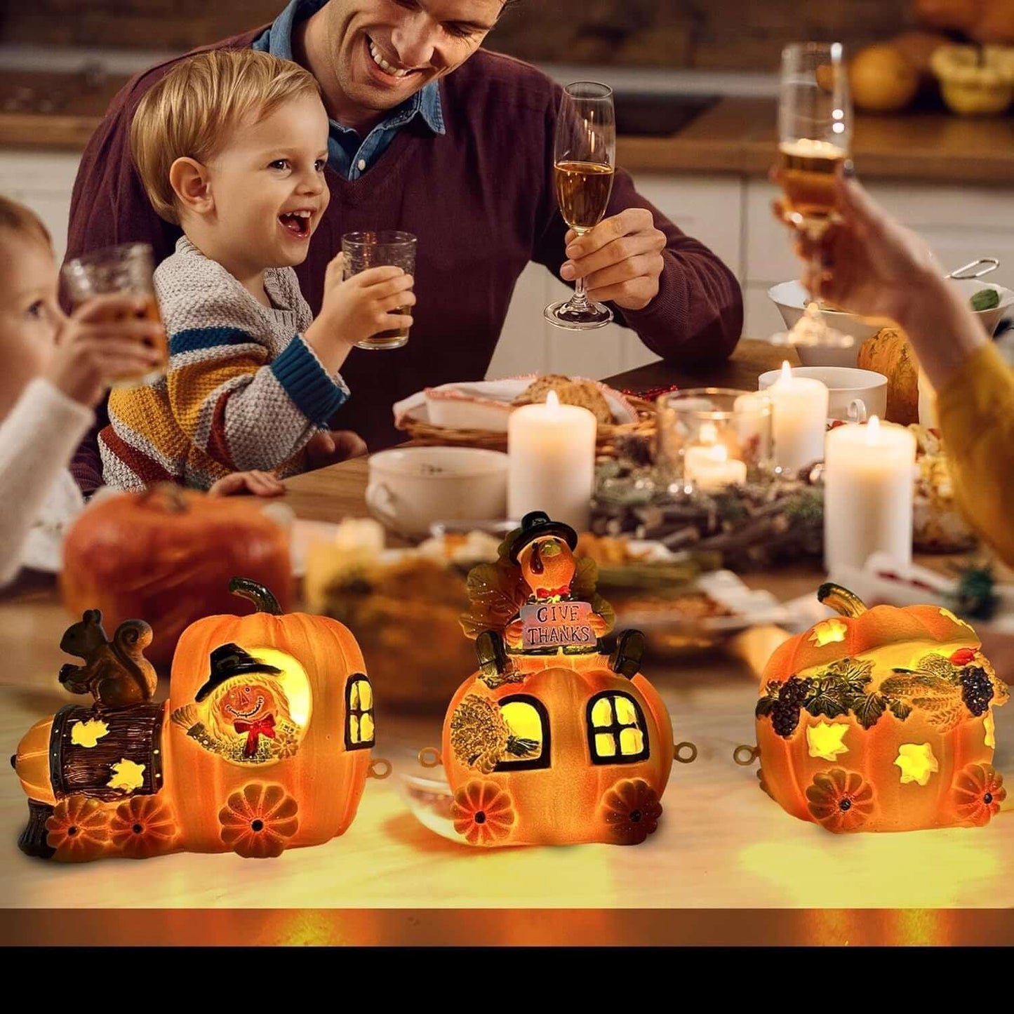 Christmas Gnome Decorations Centerpieces displayed on a festive dining table with a light-up train set glowing warmly.