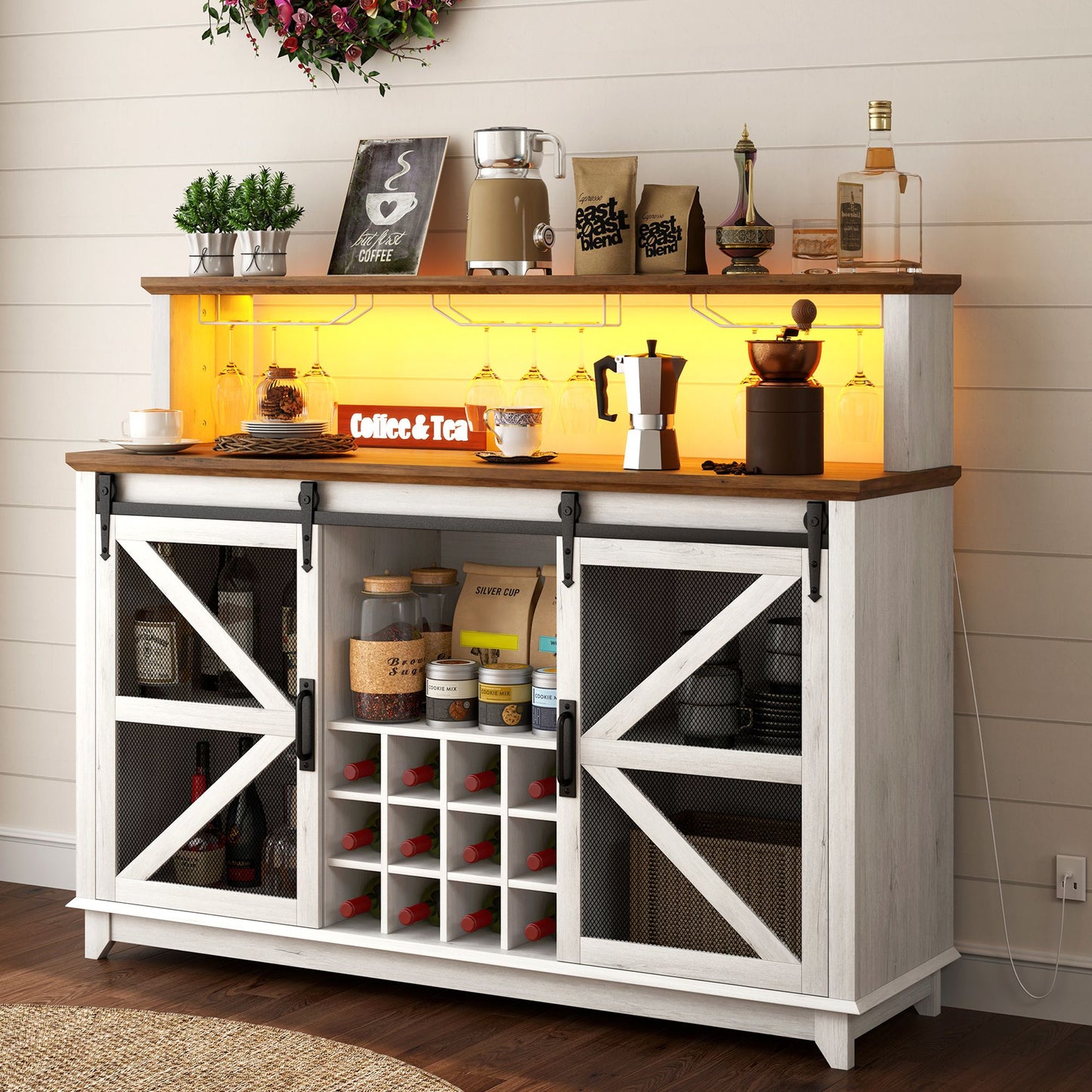 HOMCOM 55" white farmhouse wine cabinet with LED lights, wine rack for 12 bottles, glass holders in a kitchen setting.