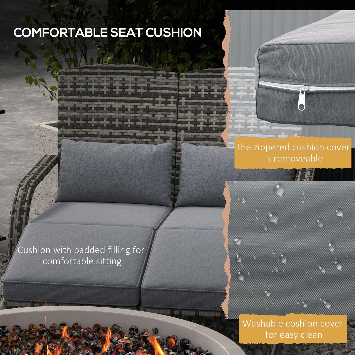 Outsunny Wicker Adirondack Chair for 2 with cushions, featuring removable, washable covers and padded filling, perfect for fire pit seating.