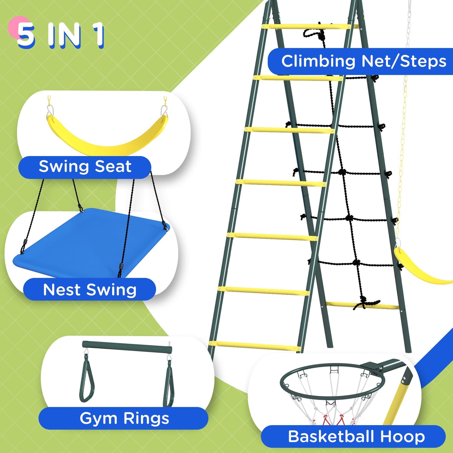 Outsunny 5-in-1 Heavy Duty Metal Swing Set features: climbing net, gym rings, nest swing, swing seat, basketball hoop for backyard fun.