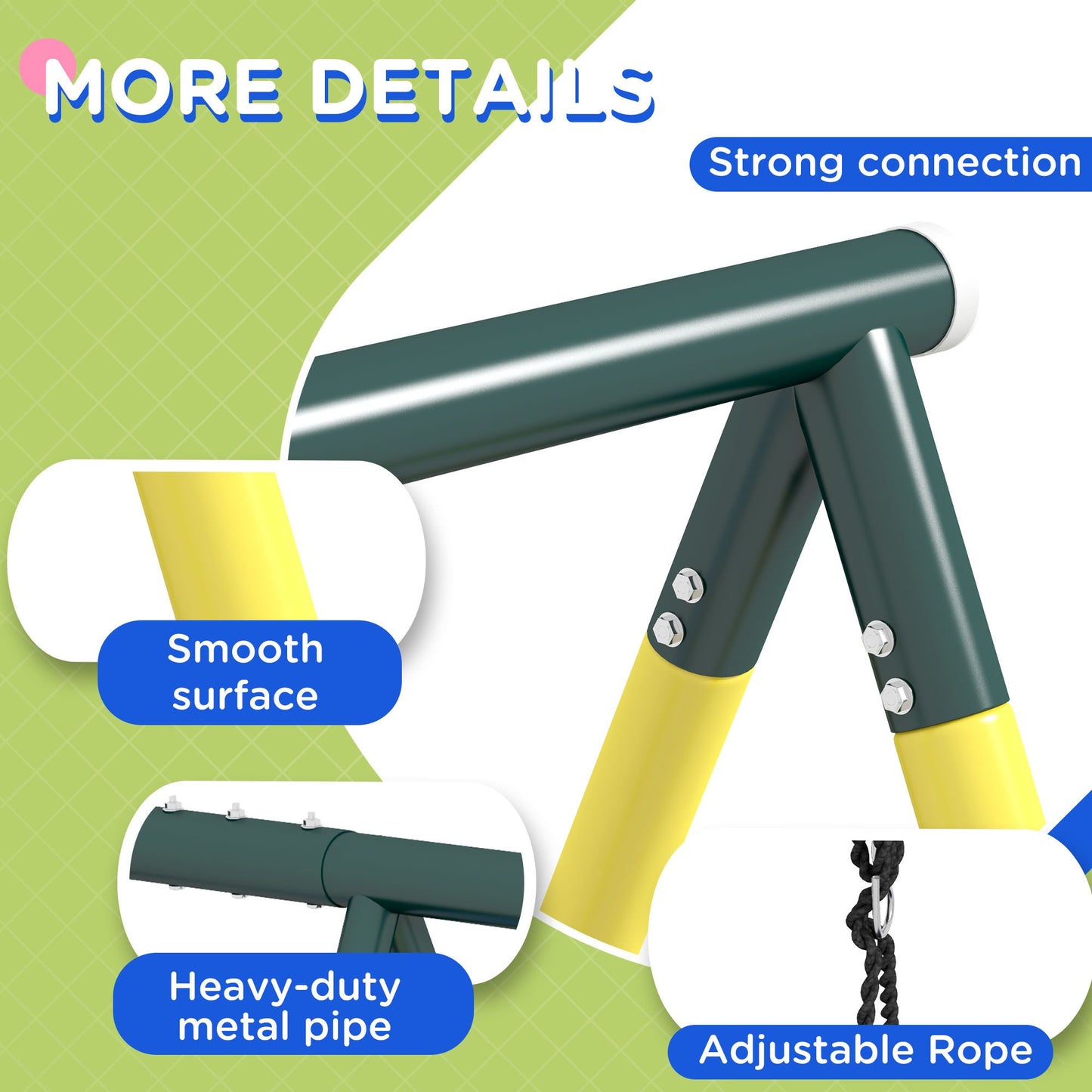 Close-up of Outsunny yellow swing set showing strong metal connections and adjustable rope for durability and safety.