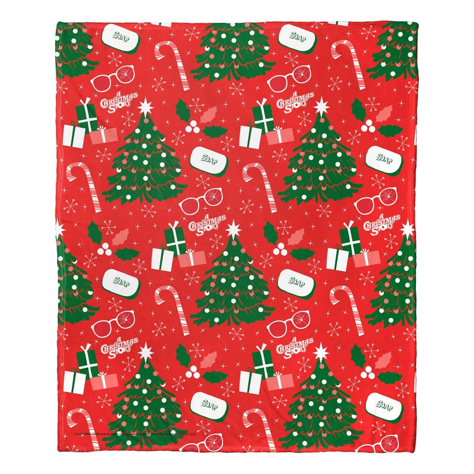A Christmas Story Silk Touch Throw Blanket with festive holiday pattern featuring trees and presents, 50x60 inches.