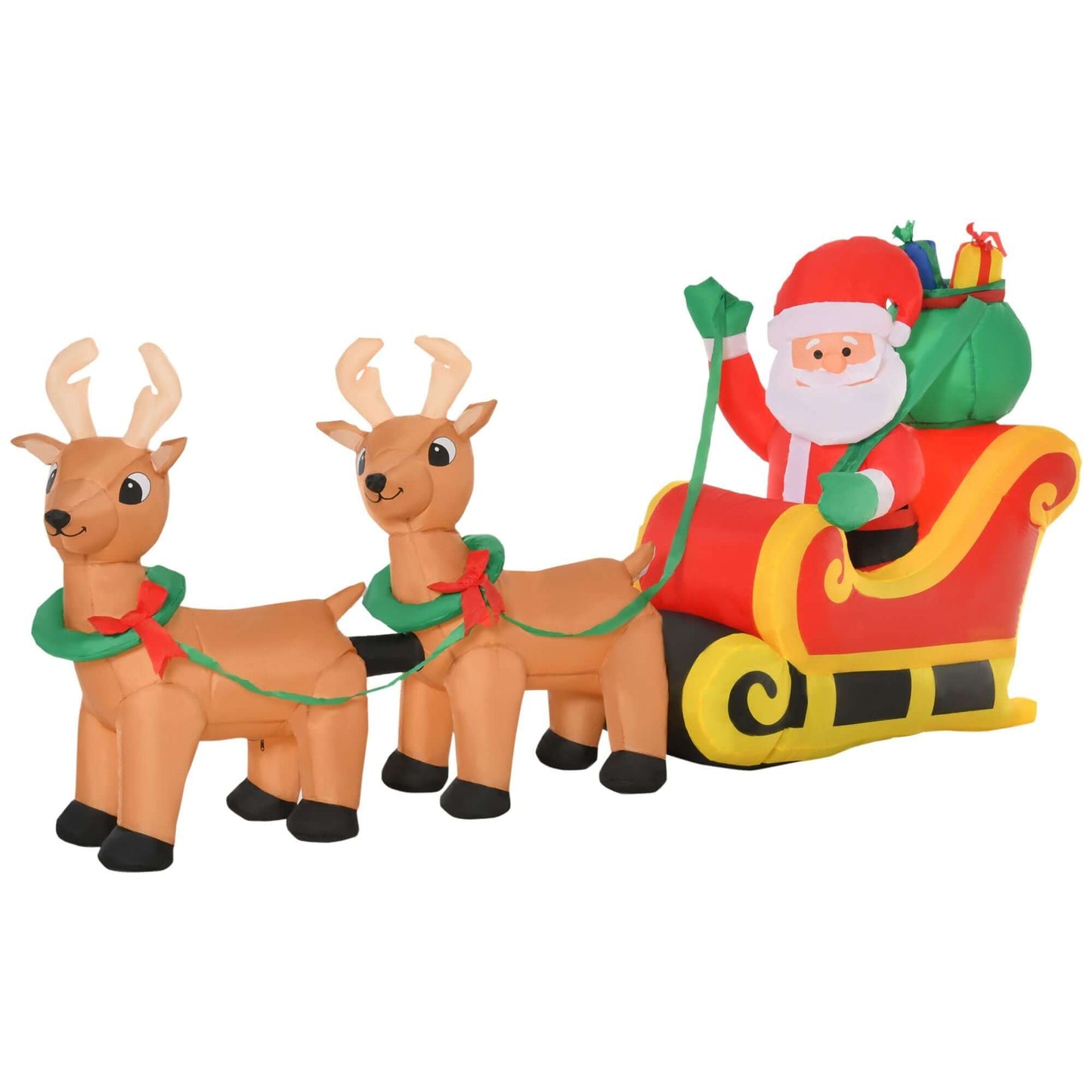 Christmas Inflatable Santa Claus with Sleigh featuring Santa in a red sleigh with reindeer, perfect for outdoor holiday decoration.