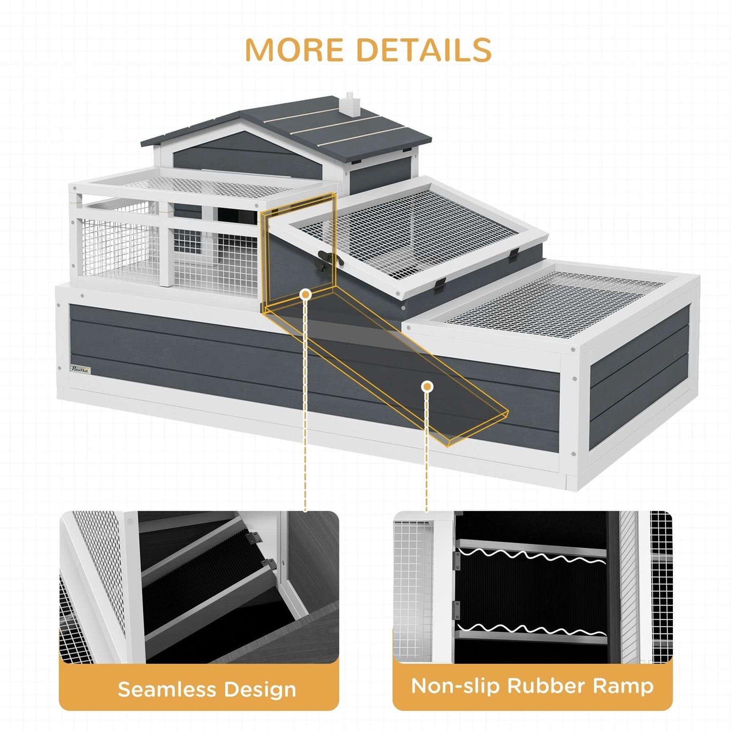 PawHut 3-Room Tortoise Habitat, Indoors & Outdoors Wooden Turtle Enclosure w/ Balcony & 2 Stories, 44" x 25.5" x 23", Gray