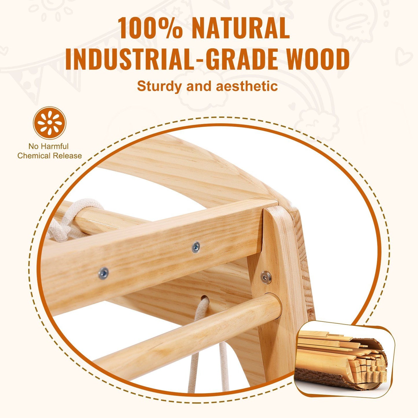 Vevor indoor jungle gym featuring 100% natural industrial-grade wood, sturdy and aesthetic, safe for kids with no harmful chemicals.