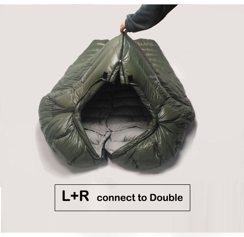 Kamperbox outdoor camping sleeping bag with grey duck down insulation, featuring L+R connection for double use. Lightweight, waterproof, and warm.