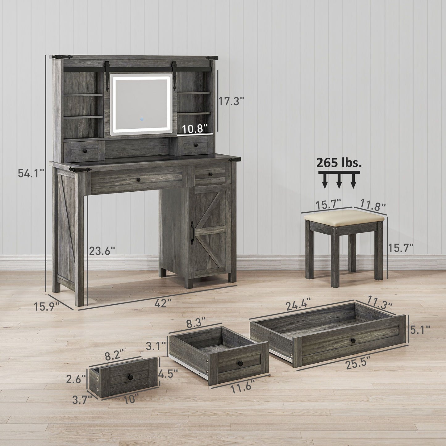 HOMCOM gray vanity desk set with tri-color LED mirror, cushioned stool, storage drawer, cabinet, and shelving for organized beauty space.