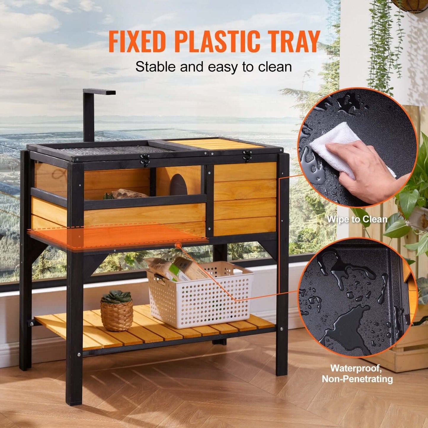 VEVOR Wooden Tortoise House Tortoise Habitat Indoor & Outdoor for Lizards Snakes with Fixed Plastic Tray
